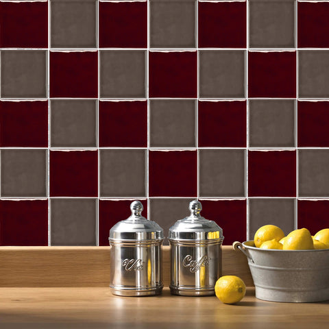 Red and Grey Modern Glazed Wallpaper Square Tile Sticker 10PCS