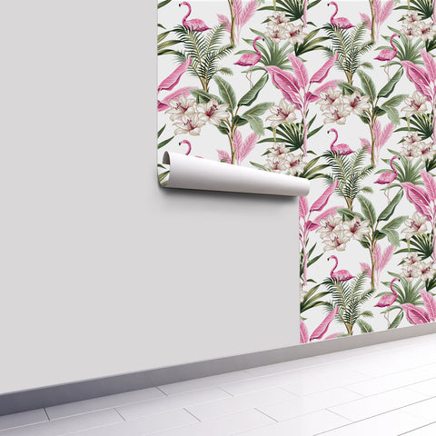 Tropical Vibe Wallpaper - Lively Design of Pink Flamingos Intertwined with Green Leaves