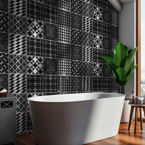 Black and silver classic: simple tile stickers with white patterns