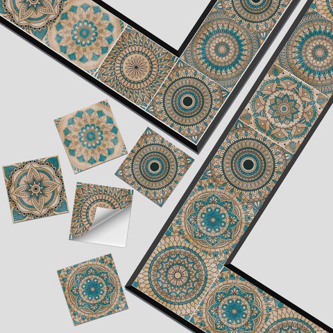 Blue-brown mandala tile stickers: a perfect fusion of retro and art