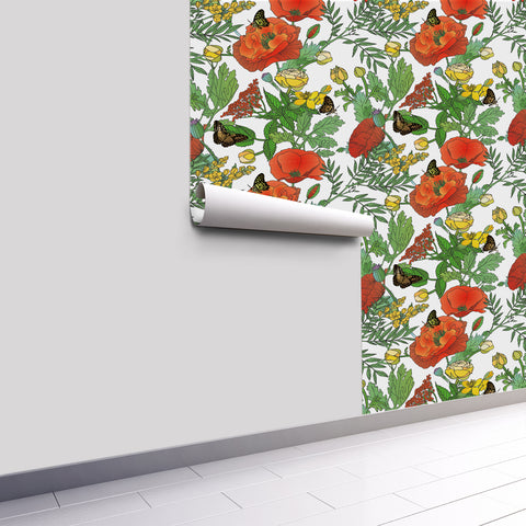 Garden Vibe Forest Wallpaper - Vibrant Red Poppies and Colorful Butterflies in Lively Design