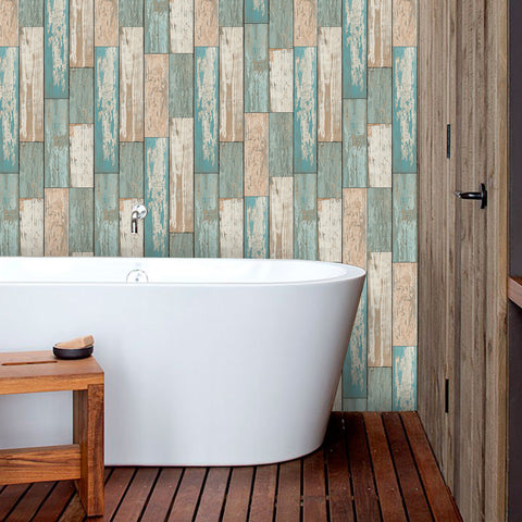 Waterproof Wall Panels Beach Wood Blue and Beige Looking Wallpaper