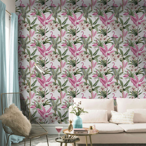 Tropical Vibe Wallpaper - Lively Design of Pink Flamingos Intertwined with Green Leaves