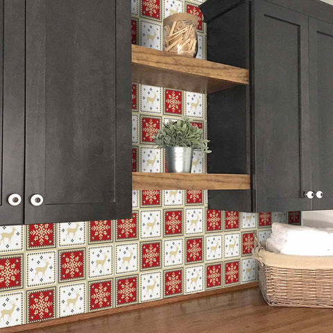 Festive Red and White Tiles Creative tile stickers