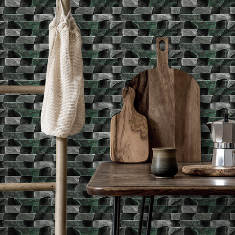 Greyish Green Simulates 3D Stone Texture Wallpaper Rustic Tiles Stickers