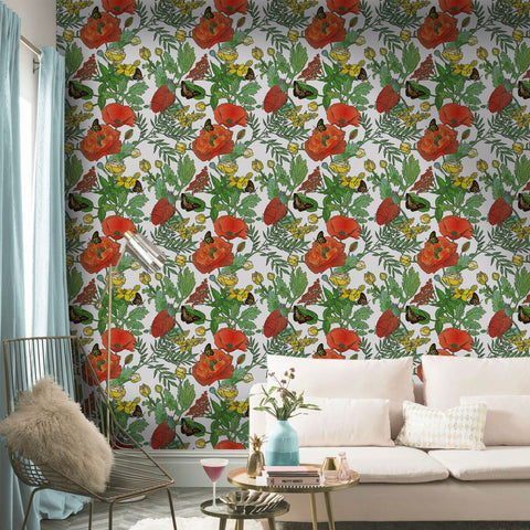 Garden Vibe Forest Wallpaper - Vibrant Red Poppies and Colorful Butterflies in Lively Design