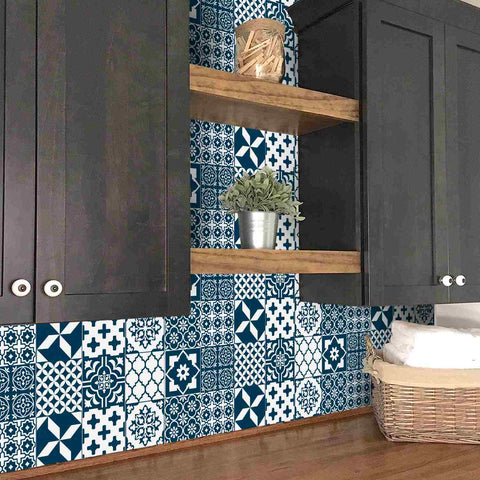 Blue and White Geometric Tiles Creative tile stickers