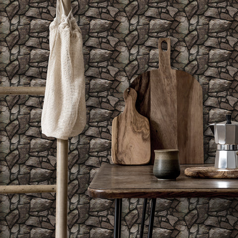 grey stone wall wallpaper kitchen