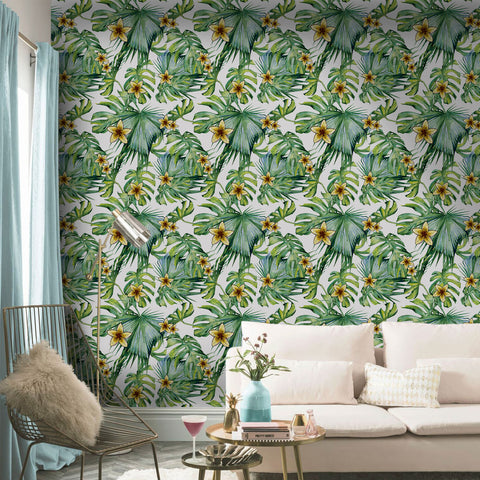 Tropical Floral Forest Wallpaper - Fresh Green Leaves with Bright Yellow Flowers in Natural Harmony