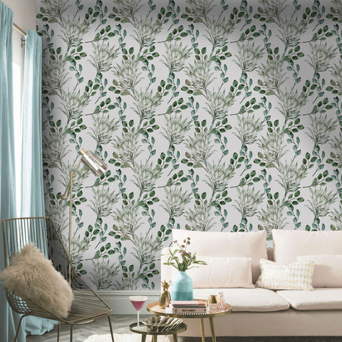 Natural Style Forest Wallpaper - Fresh Green Plants with Delicate Linework Elegance