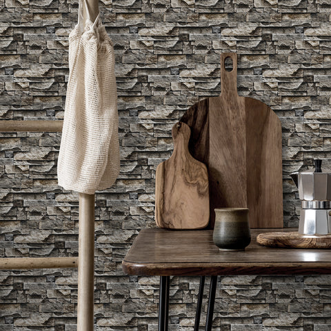 Light Brown and Grey Simulates 3D Stone Texture Wallpaper Rustic Tiles Stickers