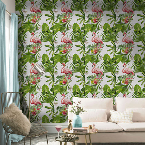 Tropical Flamingo Forest Wallpaper - Vivid Pink Flamingos Amidst Lush Green Foliage