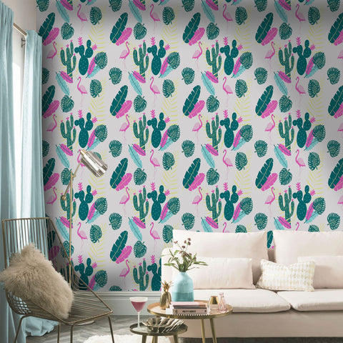 Tropical Vibe Forest Wallpaper - Vivid Pink Flamingos and Dark Green Cacti in a Whimsical Design