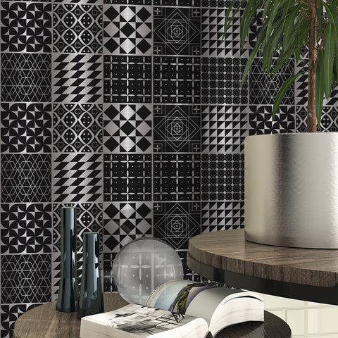 Black and silver classic: simple tile stickers with white patterns