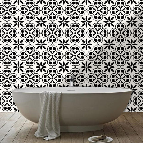 Elegant Black Floral Print Tile Decal