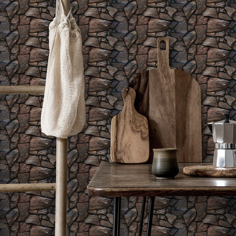 Dark Brown and Grey Simulates 3D Stone Texture Wallpaper Nature Tiles Stickers