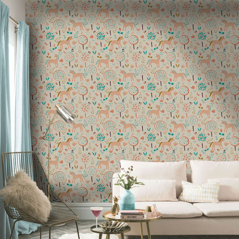 Fresh literary style: cartoon ponies and plants painted in the forest wallpaper