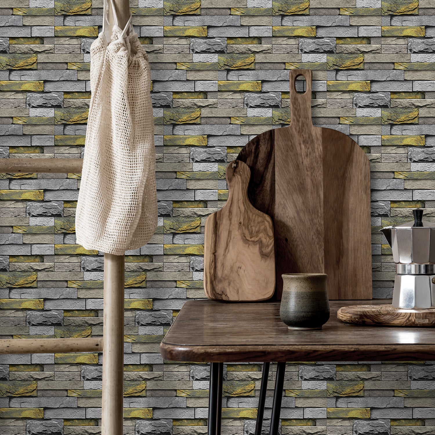 stone wallpaper with wood element
