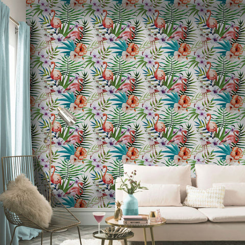 Tropical plants and flowers with flamingos forest wallpaper