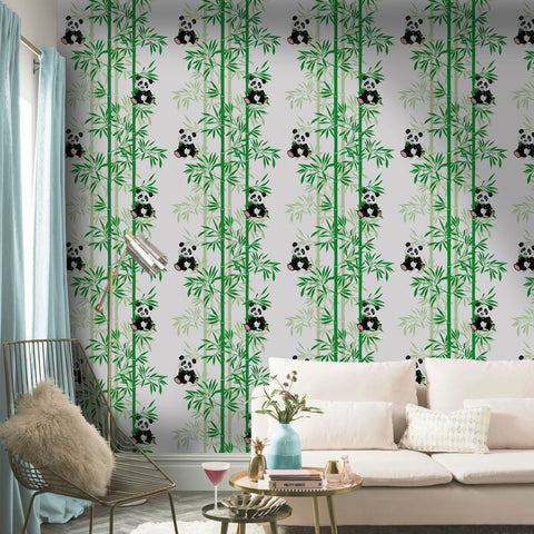 Adorable Panda Forest Wallpaper - Fresh Green Bamboo and Playful Pandas in a Cheerful Design