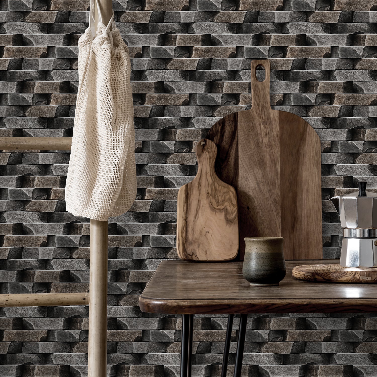 grey stone wall wallpaper kitchen