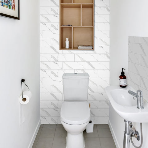 Kitchen Peel and Stick Tiles, Bathroom Shower Wall Tile Stickers Imitation White Marble, White Tile with Gray Texture 4x12 Inch x 0.07 Inch Thickness