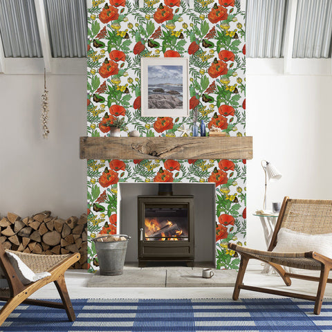 Garden Vibe Forest Wallpaper - Vibrant Red Poppies and Colorful Butterflies in Lively Design