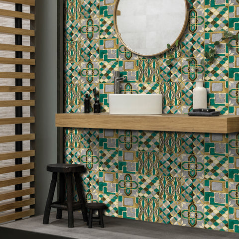 Fashionable gold and green tone: the modern art style of tile stickers