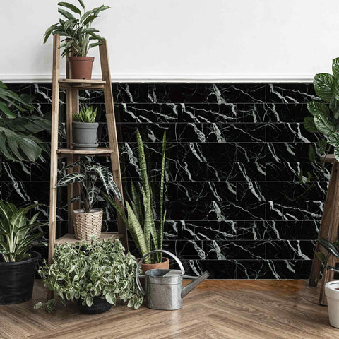 Black Marble Peel and Stick Floor Tile Stickers Waterproof Elegance