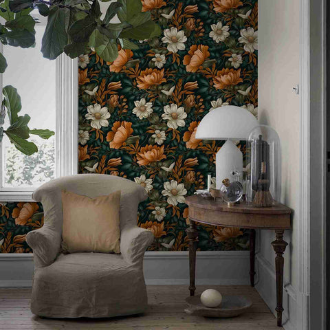 Dark floral wallpaper living room corner