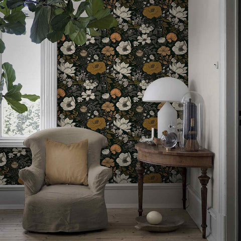 Dark Vintage Floral Wallpaper - Vivid Orange and Soft Cream Accents