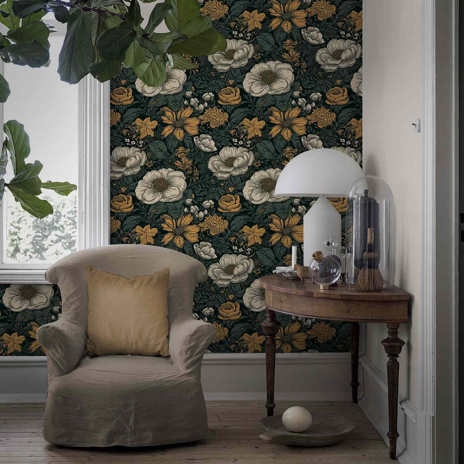 Dark floral wallpaper living room corner