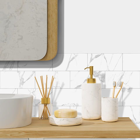 White Marble Tile Stickers Minimalist Classic Wallpapers 16Pcs