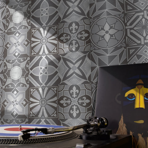 Silver-white radiation: modern tile sticker with geometric lines