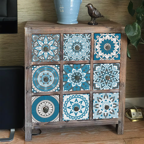 Blue and white mandala tile stickers: interpreting the beauty of mystery and tranquility