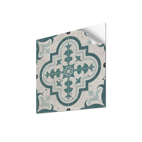 Blue Geo-flower Marble Peel and Stick Floor Tile Sticker Easy Apply Retro Style
