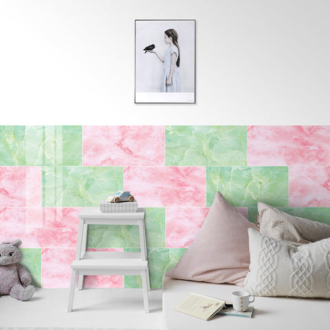 Environmentally Friendly Pink and Green Peel and Stick Marble Floor Tile Mirror Like Easy Installation