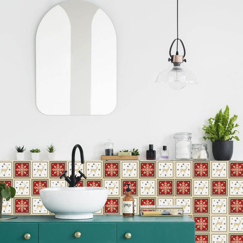 Festive Red and White Tiles Creative tile stickers