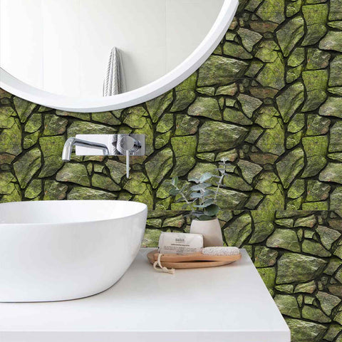 Green and Yellow Stone Wall Stickers Retro Tile Sticker for Home Decoration and Bathroom