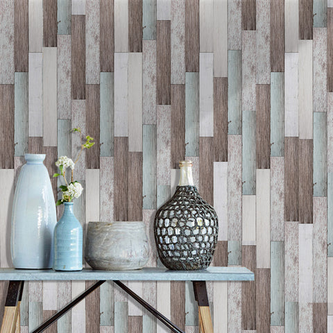 Textured Light Blue and Brown Wood Effect Wallpaper for Living Spaces