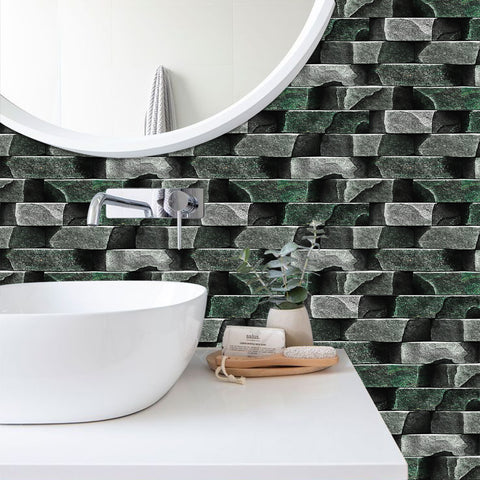 Greyish Green Simulates 3D Stone Texture Wallpaper Rustic Tiles Stickers