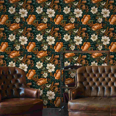 Dark floral wallpaper living room