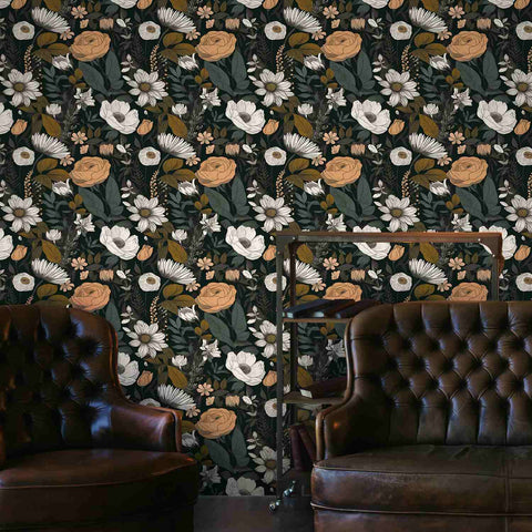 dark floral peel and stick wallpaper for livingroom