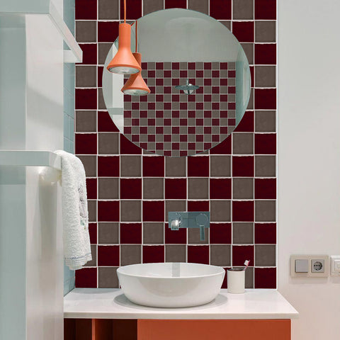 Red and Grey Modern Glazed Wallpaper Square Tile Sticker 10PCS