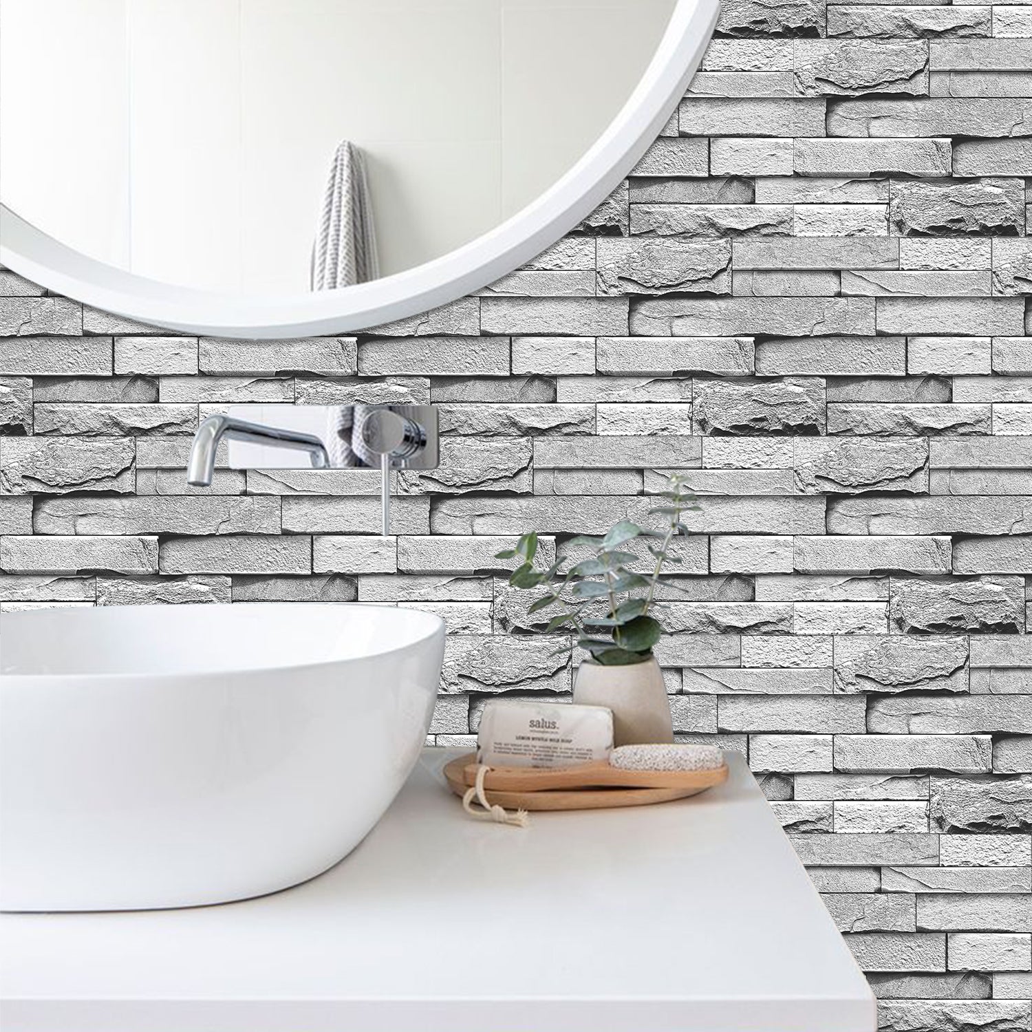 grey stone wallpaper for minimalist washingroom