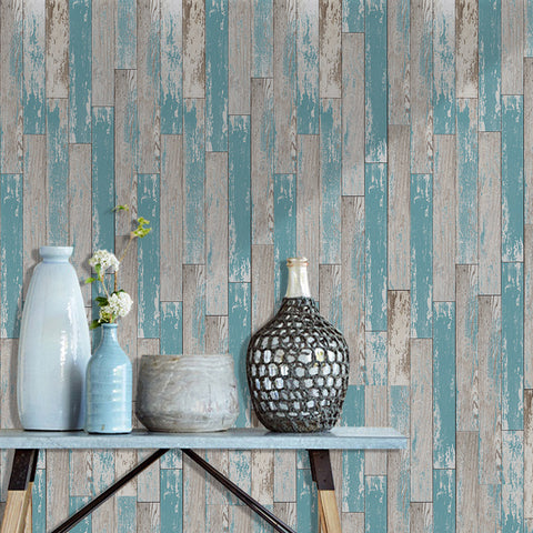 Distressed Blue and Gray Wood Plank Wallpaper for Coastal Decor