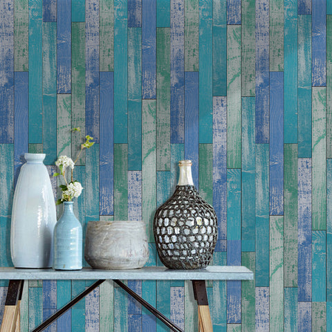 Contemporary Striped Wood Grain Wallpaper in Ocean Tones