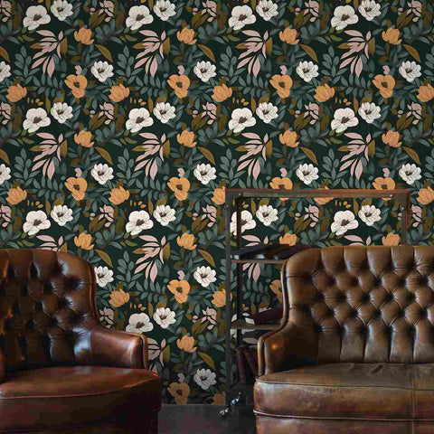 dark green floral peel and stick wallpaper for living room