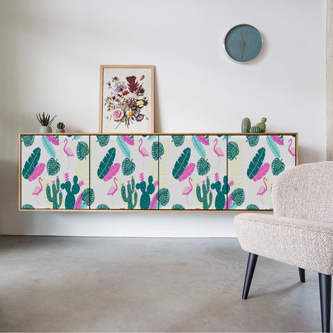 Tropical Vibe Forest Wallpaper - Vivid Pink Flamingos and Dark Green Cacti in a Whimsical Design