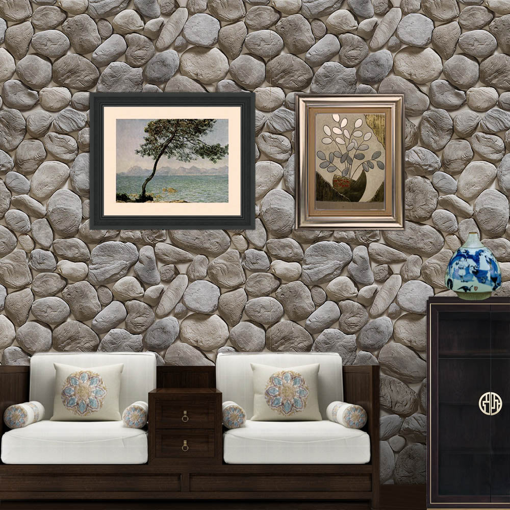 rustic stone wallpaper with brown sofa